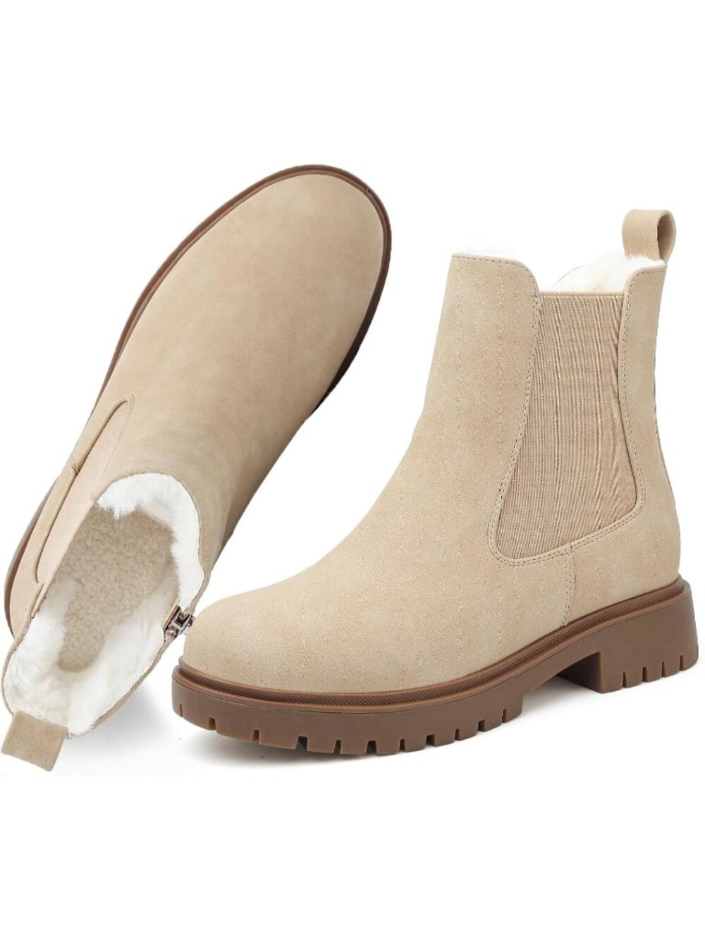 Women's Beige2 Waterproof Fur Lined Platform Chelsea Boots Round Toe Lug Outsole